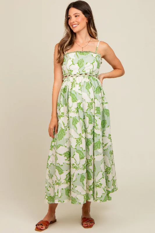 Tennis DressGreen Floral Wave Trim Back Tie Maternity Midi Dress