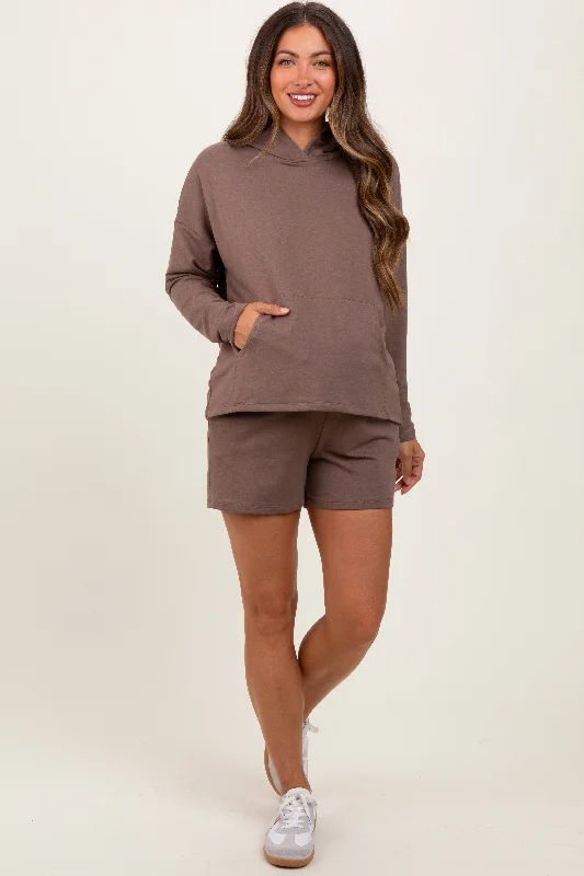 Cotton HoodiesBrown Hoodie Shorts Maternity Set