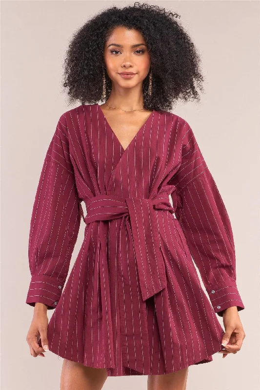 Sleeveless DressWine Pinstriped Long Balloon Puff Sleeve Surplice Neck Wrap Mini Shirt Dress /2-2-2