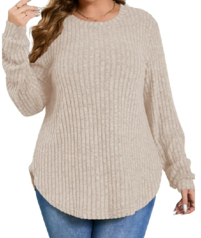 Ruffled ShirtsBeige Ribbed Stretchy Shirt Top