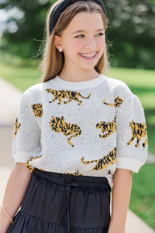 Girls: On The Prowl Ivory White Tiger SweaterAsymmetrical Knit Tops