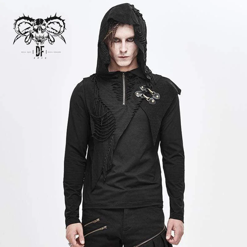 Men's Grunge Punk Long Sleeved Cutout Tassel Hoodies