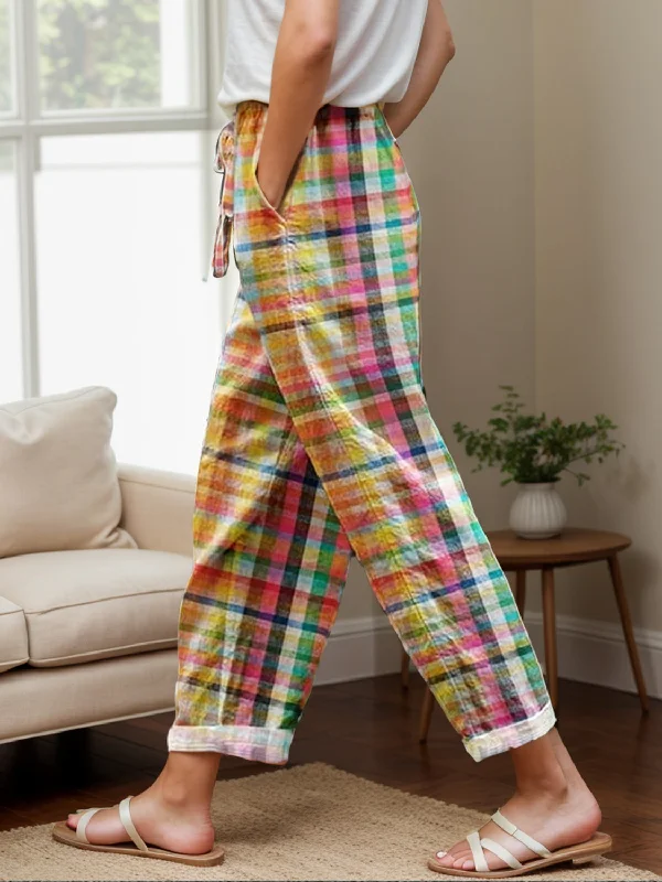 Drawstring PantsTied Contrast Plaid Pants with Pockets