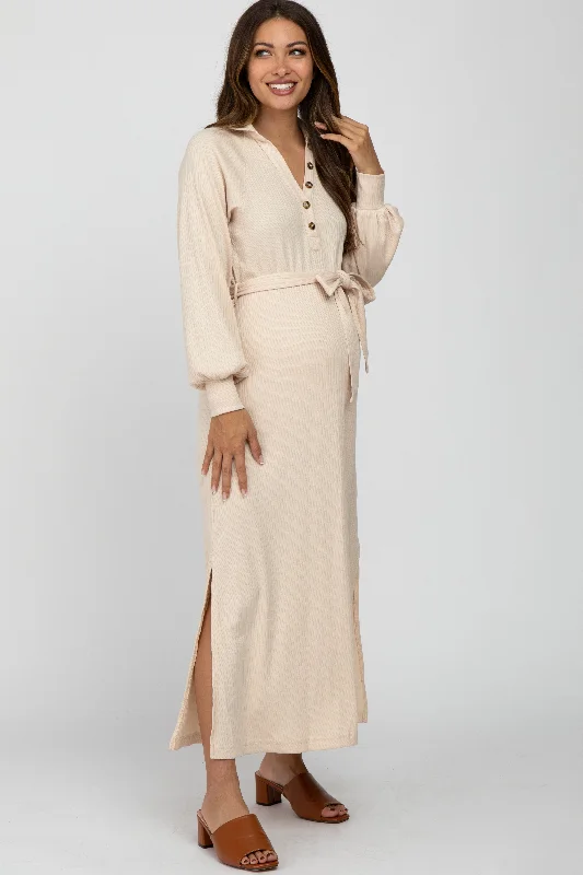 Fit-and-Flare DressBeige Button Accent Collared Maternity Maxi Dress