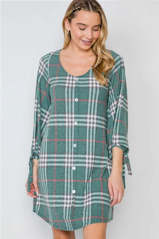 Opaque DressGreen Plaid Casual Knit Button-Front Dress /2-2-2