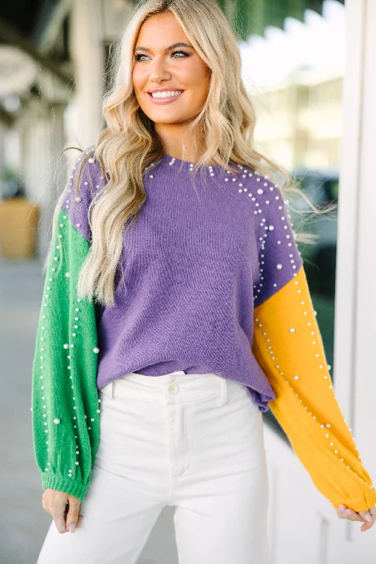 Can't Help But Love You Purple Embellished SweaterAthletic Knit Tops