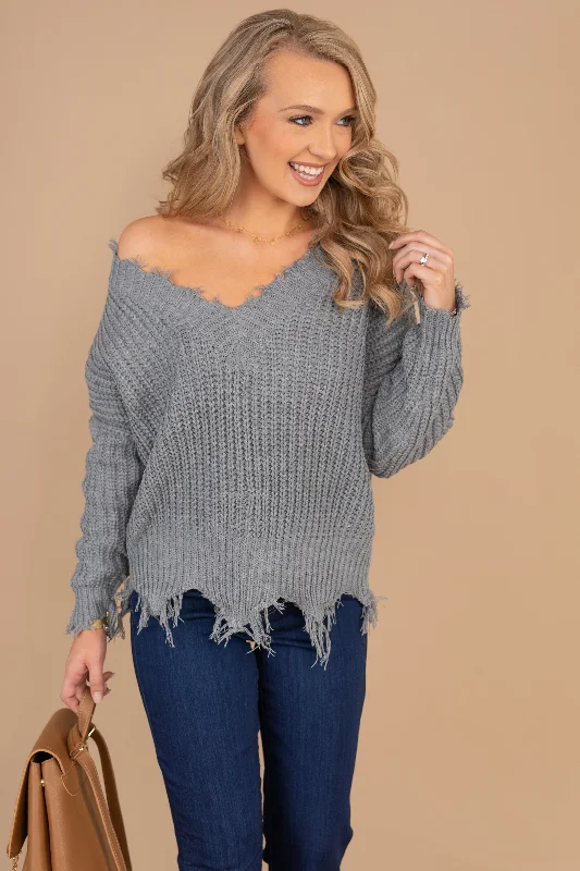 That's A Fabulous Idea Heather Gray Distressed SweaterZippered Knit Tops