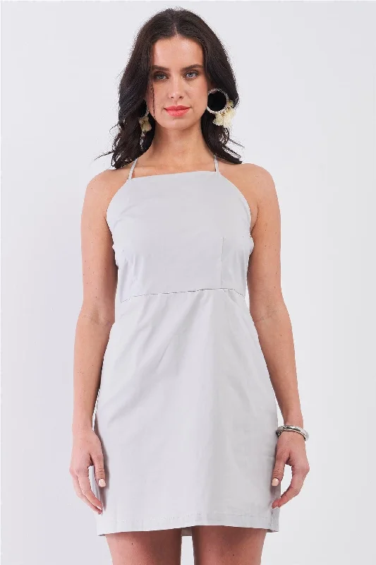 Shirt DressLight Grey Sleeveless Back Cris Cross Straps Square Neck Side Pockets Apron Mini Dress /1-2-3-1