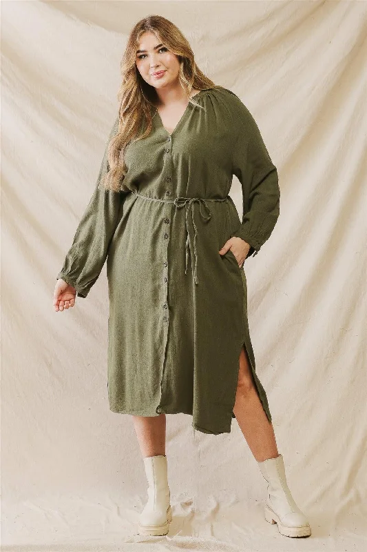 Kaftan DressJunior Plus Olive Cotton Button-Up Two Pocket Belted Midi Dress /3-2-1