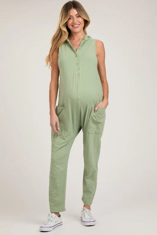 Fringed HoodiesLight Olive Hooded Button Up Maternity Jumpsuit