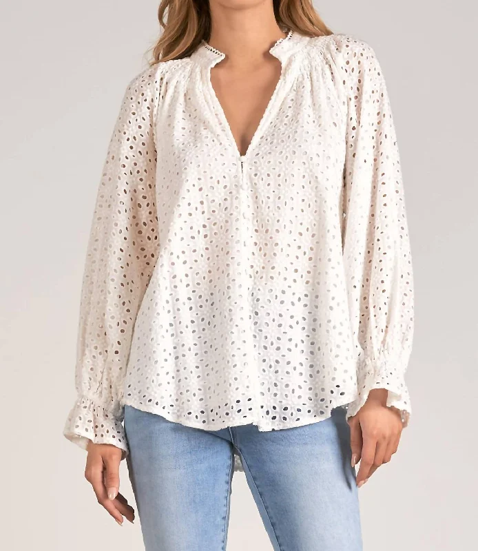 Long Sleeve Eyelet Top In White