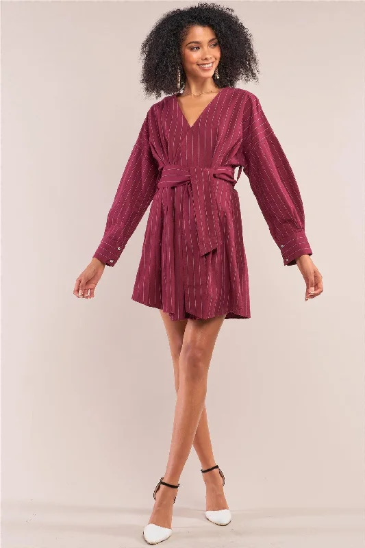 Long-sleeve DressWine Pinstriped Long Balloon Puff Sleeve Surplice Neck Wrap Mini Shirt Dress /1-2-2