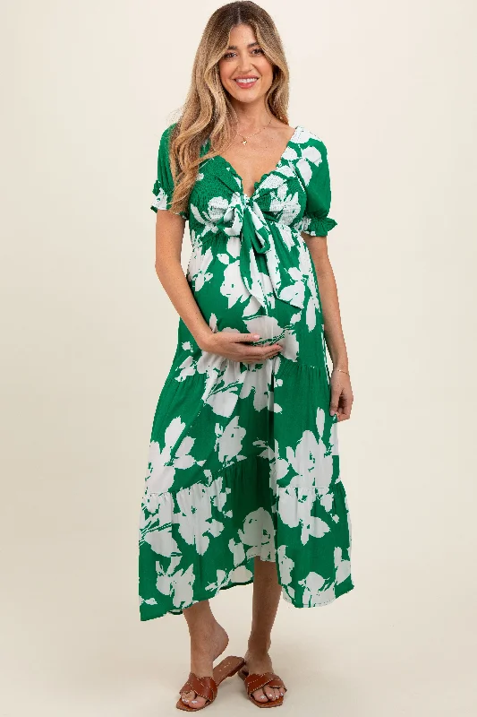 Maxi DressGreen Floral Smocked Knotted Top Maternity Maxi Dress