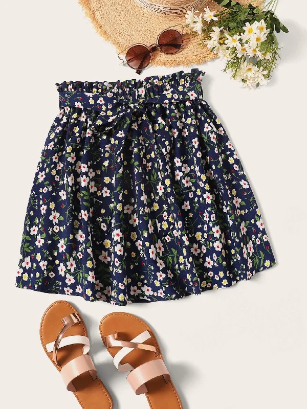 Ditsy Floral Print Paperbag Waist SkirtDance Skirt