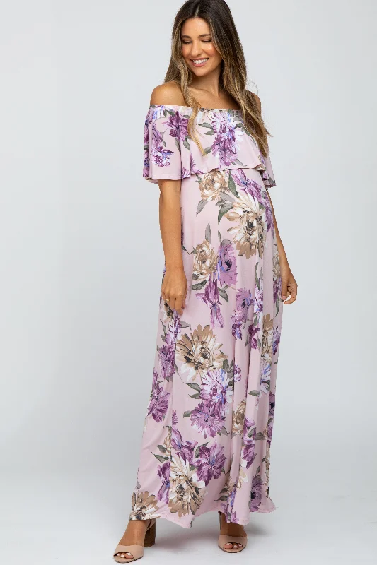 Gypsy DressLavender Floral Flounce Off Shoulder Maternity Maxi Dress