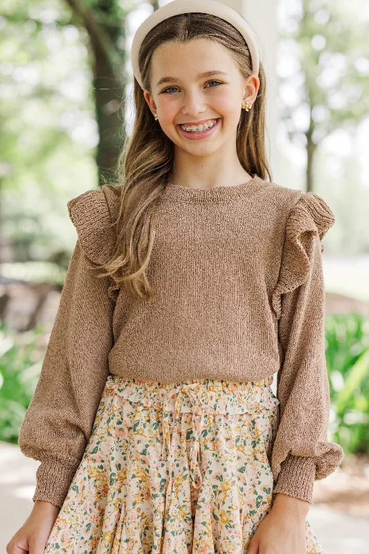 Girls: Give Me A Call Taupe Ruffled SweaterCollege Knit Tops