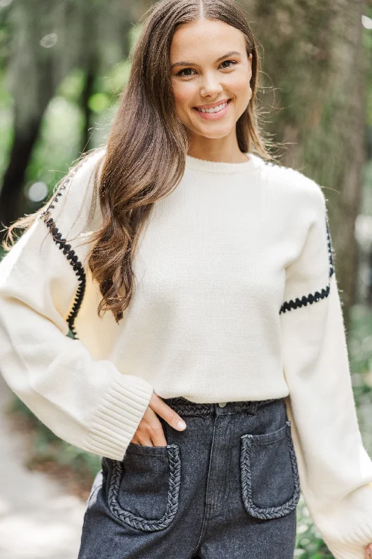 Before You Know It Cream White Contrast Stitch SweaterBamboo Knit Tops