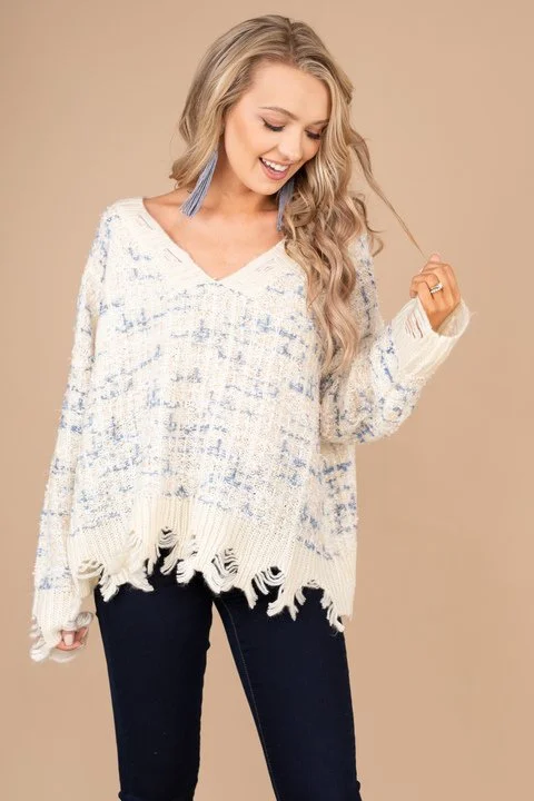 More to Come Ecru White Distressed SweaterGlitter Knit Tops