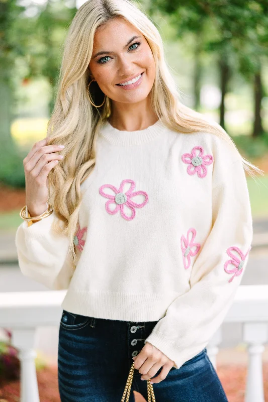 Feeling Femme Cream White Floral SweaterRetro Knit Tops