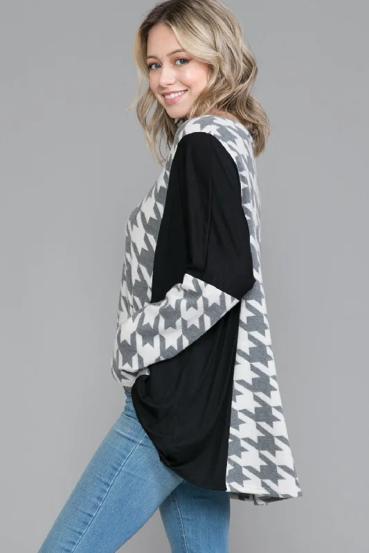 Wrap ShirtsPSFU Black & Gray Grey Houndstooth Print Shirt Top