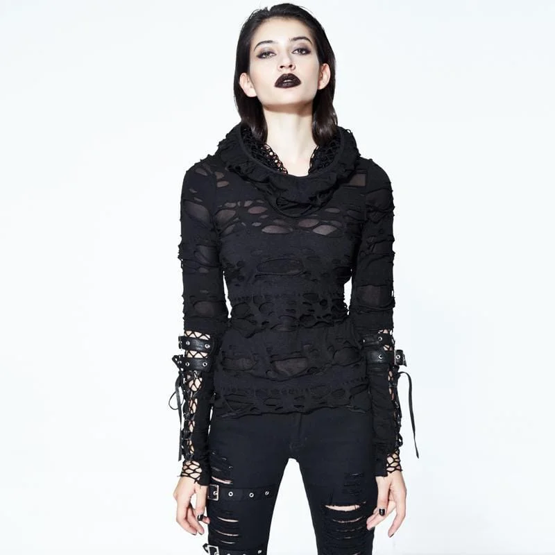 Stretch-Knit SweatshirtsWomen's Distressed Hooded Punk Goth Top