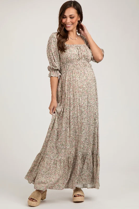 Retro DressBeige Floral Criss Cross Back Maternity Maxi Dress