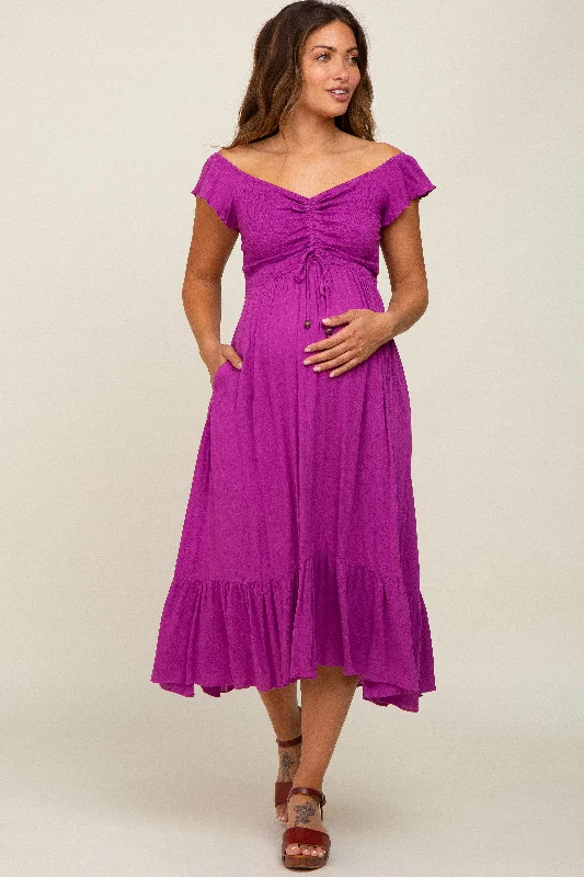 Formal DressMagenta Smocked Ruched Ruffle Hem Maternity Maxi Dress