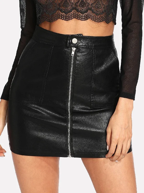 Zip Front PU SkirtPencil Skirt