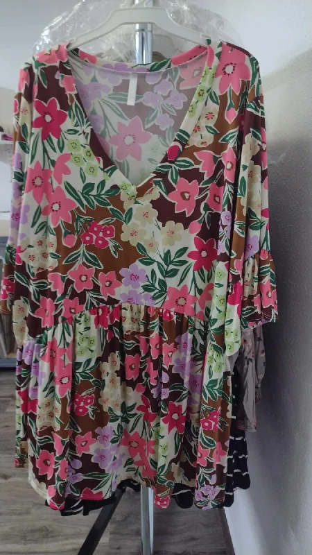 Metallic ShirtsBrown Pink Floral Shirt Top with V Neck