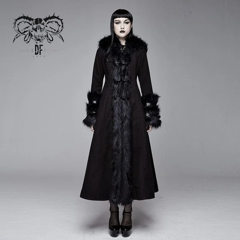 Layered SweatshirtsWomen's Gothic Black Hooded Dresses With Detachable Fluffy Accessories