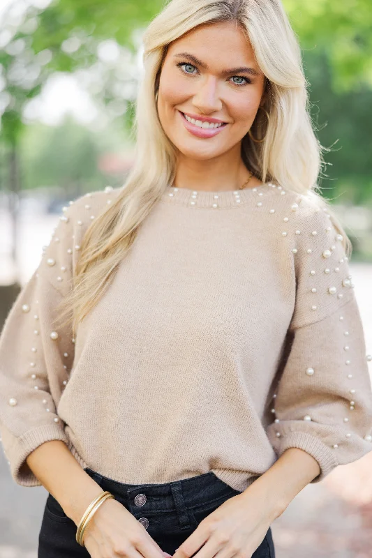 You Deserve It Oatmeal Brown Embellished SweaterStudded Knit Tops