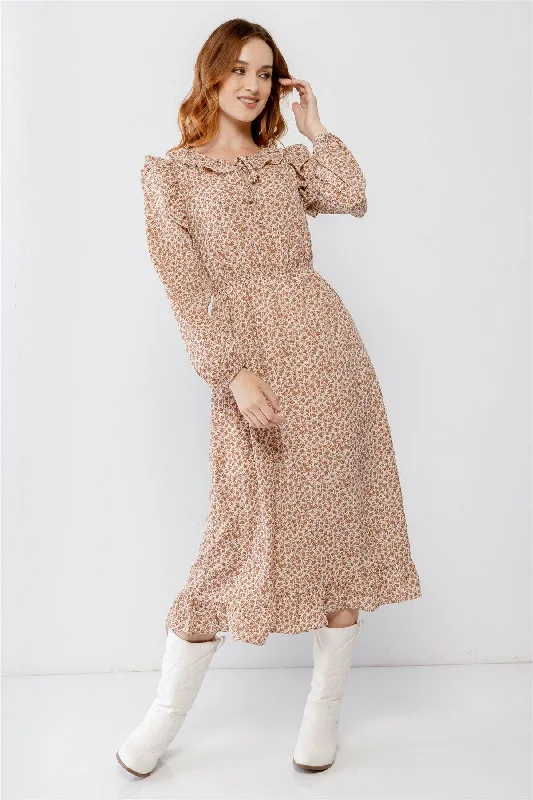 Vintage DressCream Flower Print Ruffle Crew Neck Cut-Out Detail Flare Hem Midi Dress /2-2-2