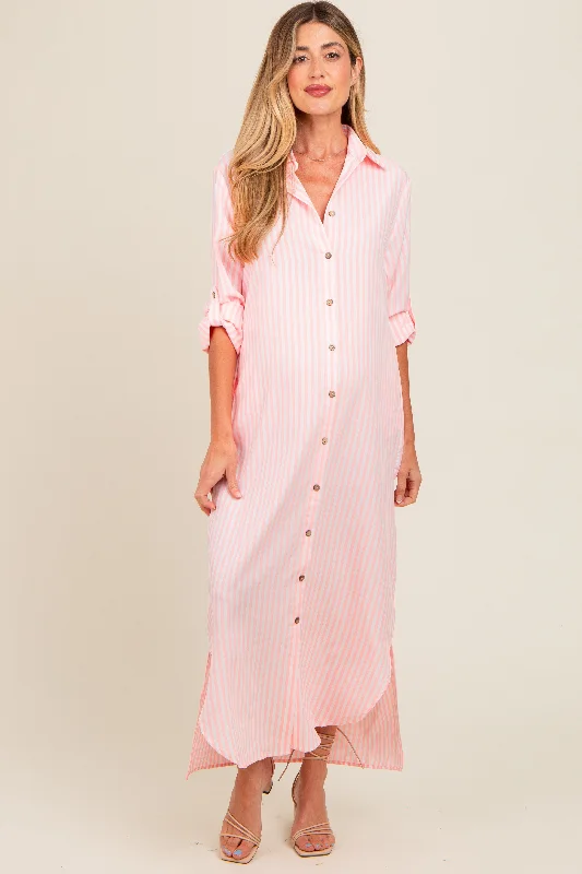 Wrap DressPink Striped Button Down Maternity Maxi Dress