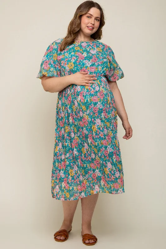 School DressTeal Floral Pleated Maternity Plus Size Midi Dress