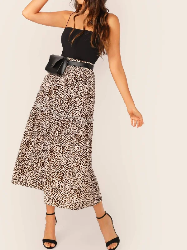 Frill Trim Leopard Swing SkirtParty Skirt