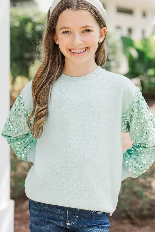 Girls: Don't Think Twice Mint Green Sequin SweaterCotton Knit Tops