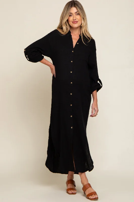 Wedding DressBlack Button Down 3/4 Sleeve Maternity Midi Dress