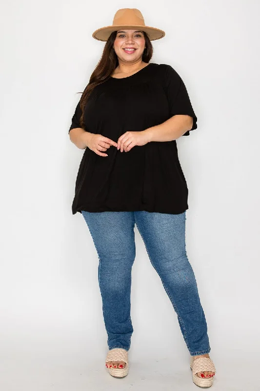 Rayon ShirtsSolid Black Shirred Upper Shirt Top