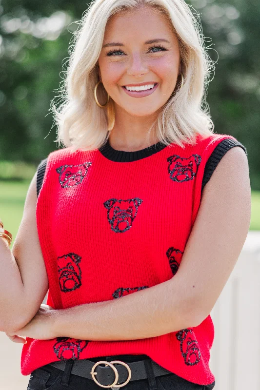 Pack A Punch Red Sequin Bulldog Sleeveless SweaterCashmere Knit Tops