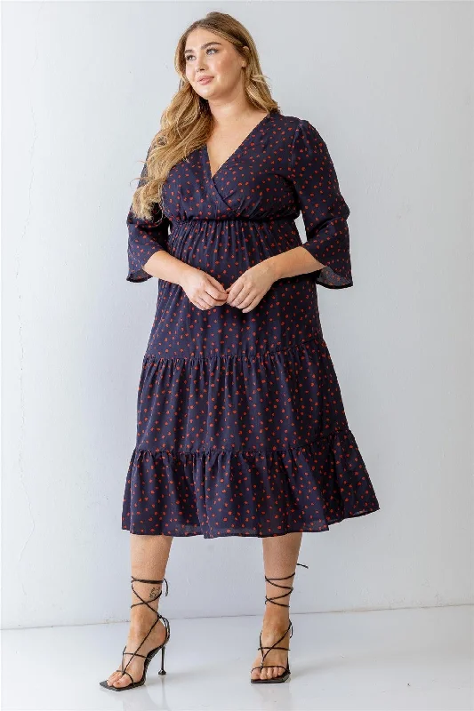 Gypsy DressJunior Plus Navy Polka Dot Print Wrap V-Neck Midi Dress /3-2-1