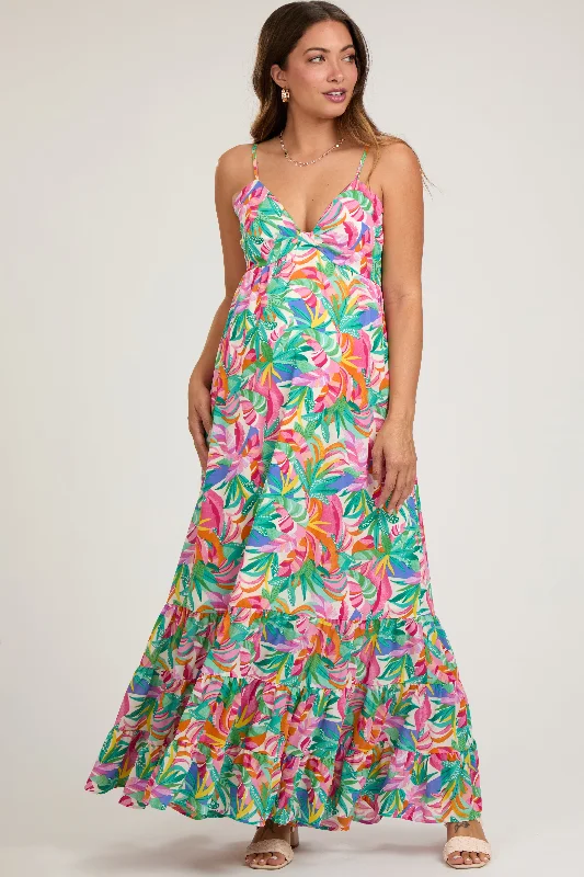 One-shoulder DressGreen Floral Sleeveless Ruffle Hem Maternity Maxi Dress