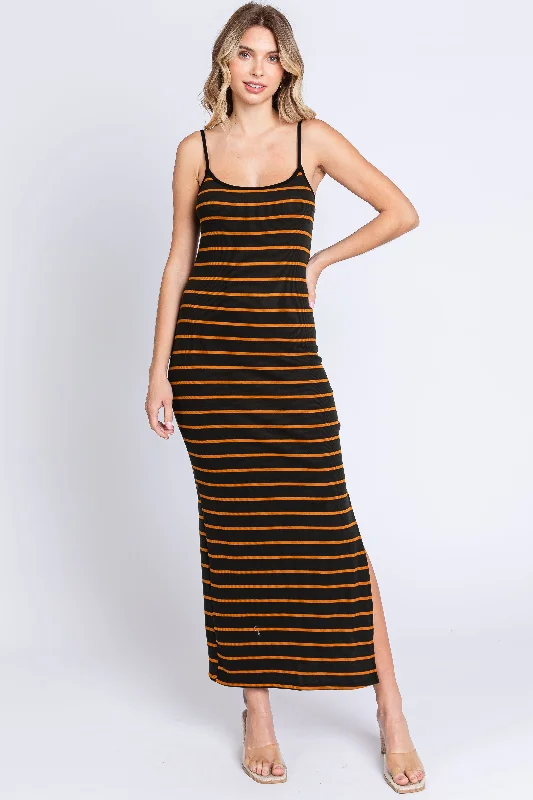 Crinoline DressBlack Striped Ribbed Side Slit Midi Dress