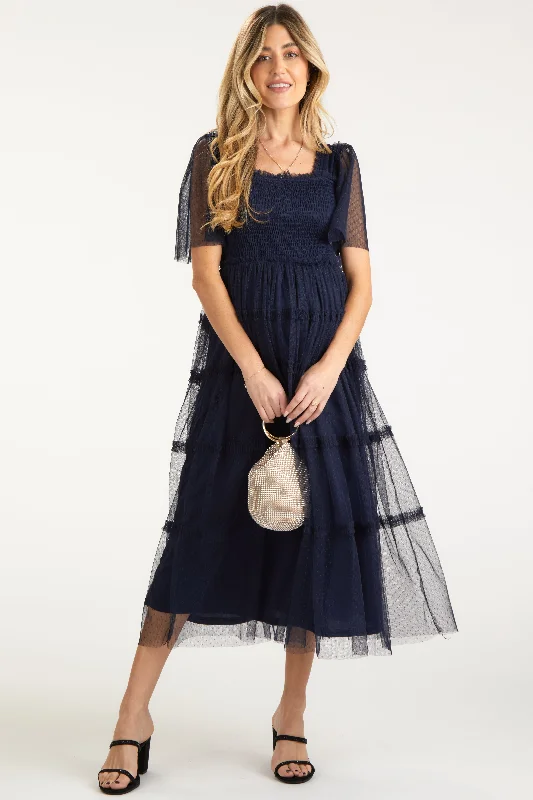 Asymmetrical DressNavy Ruffled Mesh Maternity Maxi Dress