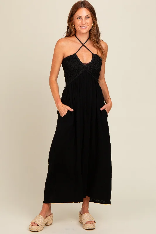 Sheath DressBlack Halter Crochet Top Maxi Dress