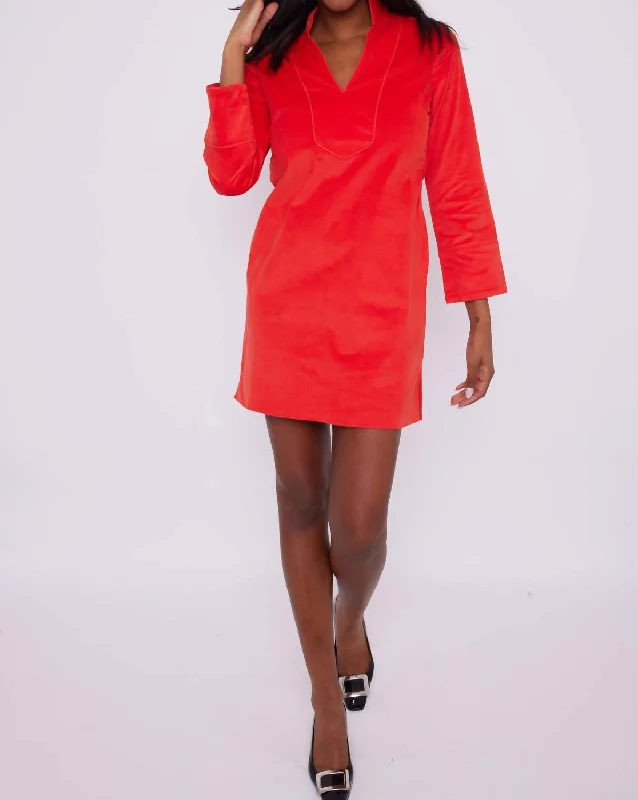 Corduroy Long Sleeve Classic Tunic Dress In Red