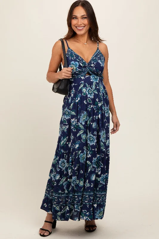 Athletic DressNavy Blue Floral Front Knot Twist Maternity Maxi Dress