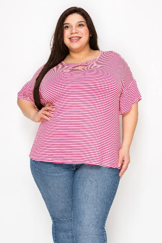 Longline ShirtsRaspberry Criss Cross Neckline Stripe Shirt Top