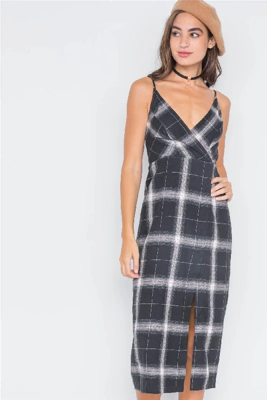 Silk DressBlack Plaid Cami Straps Front Slit Midi Dress /3-2-1