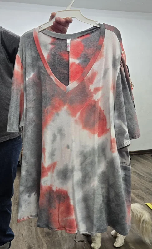 High-Fashion ShirtsGray Pink Tie Dye V Neck Shirt Top