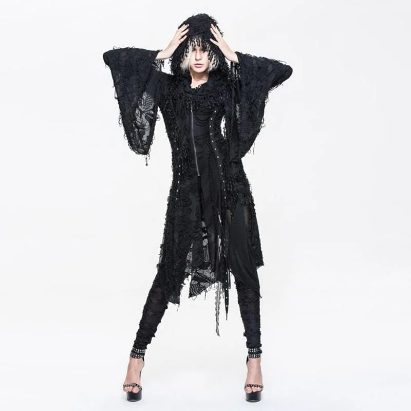 High-Fashion SweatshirtsWomen's Lace and Trimming Goth Style Mid Length Hooded Dress